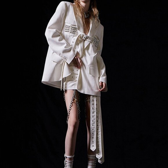 Studded Belted Blazer Suit Jacket White - Picture 2 of 5